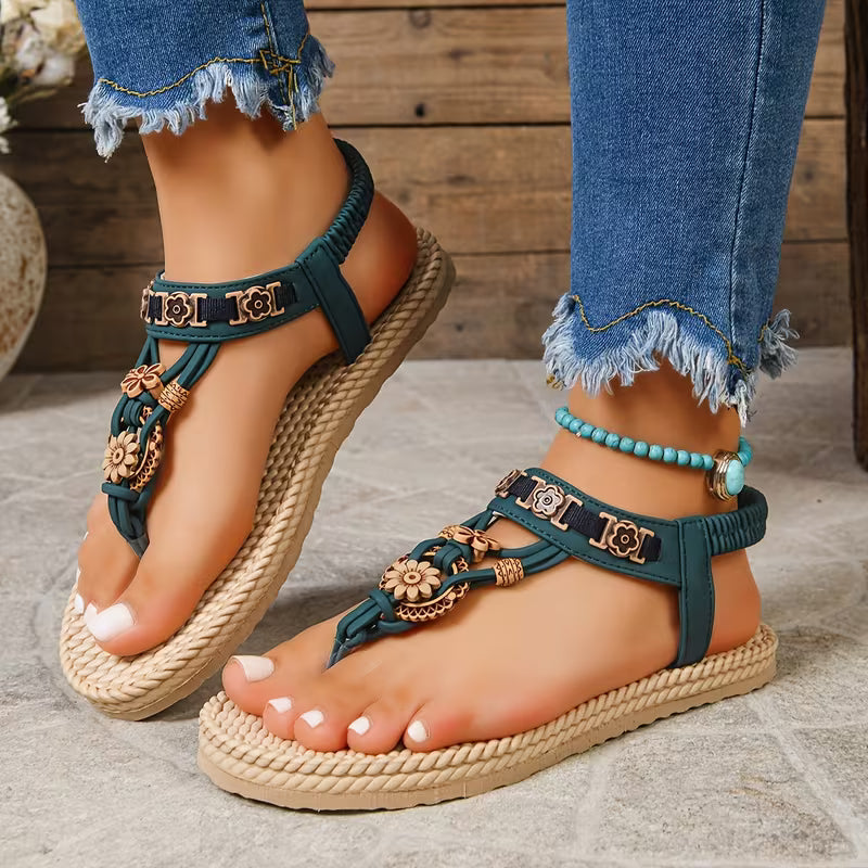 Women's Bohemian Ethnic Style Flat Sandals, Vintage Open-Toe Lightweight Comfortable Elegant Sandals, New Fashion Cross-Border Flat Sandals for Outdoor Blue