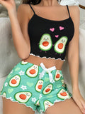Cute Avocado Print Cami Top and Shorts Set Black