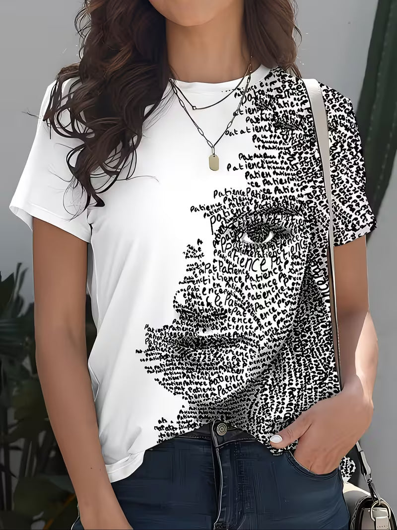 Women's Patience Letter Art Portrait T-Shirt - Abstract '' & 'T' Letter Round Neck Short Sleeve