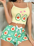 Cute Avocado Print Cami Top and Shorts Set Yellow
