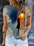 Vintage Ripped Paper Print Short Sleeve T-Shirt for Women