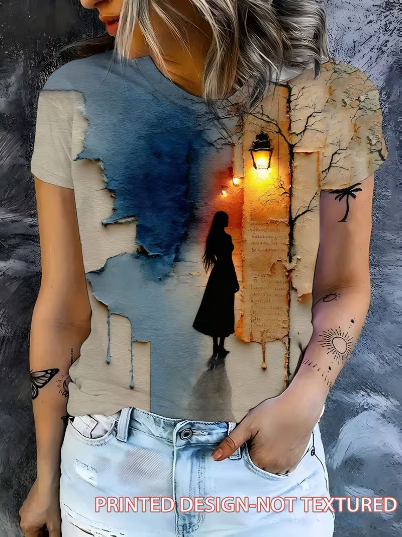 Vintage Ripped Paper Print Short Sleeve T-Shirt for Women