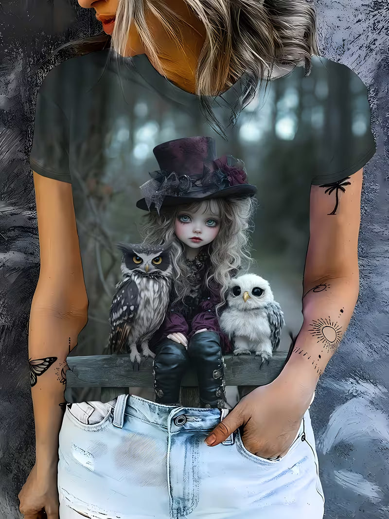 A Stylish T-Shirt for Women Featuring a Forest-Themed Design with a And an Owl Pattern