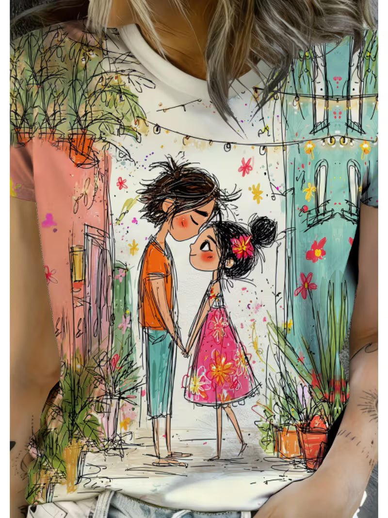 A Casual Round-neck Short-sleeve T-shirt Featuring a Vibrant Valentine's Day Doodle-style Alley Scene