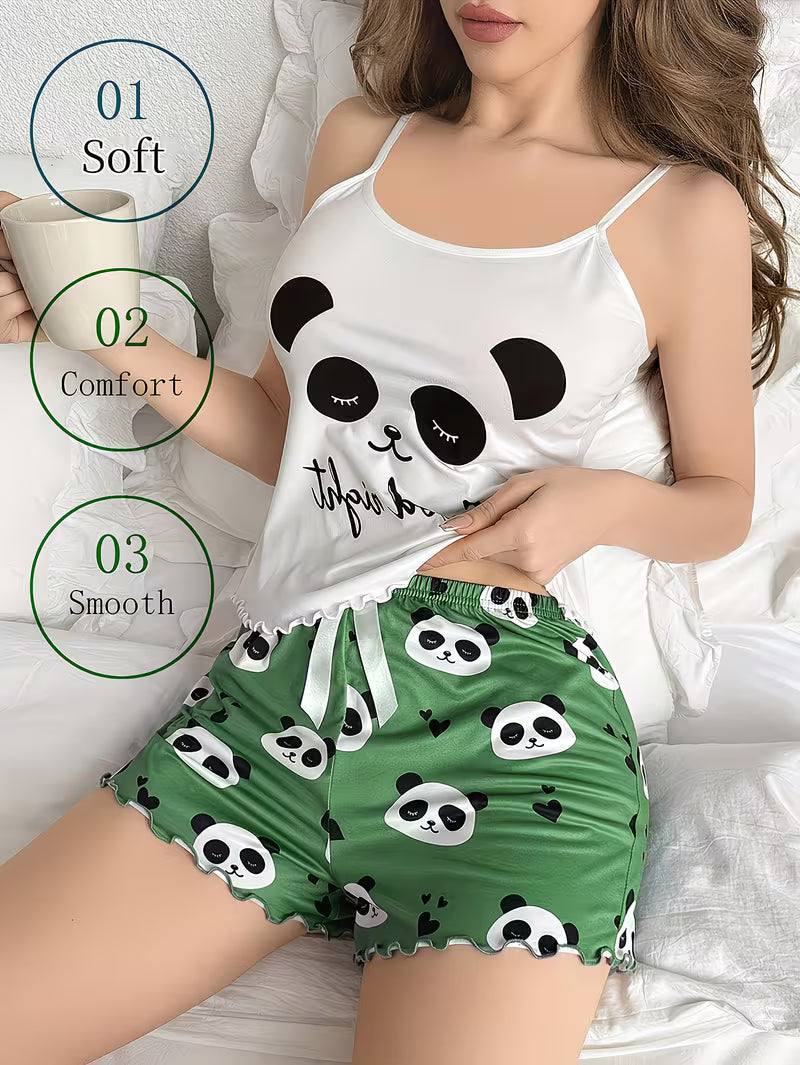 Panda Theme Pajama Set | Cute Cartoon Panda Print Green