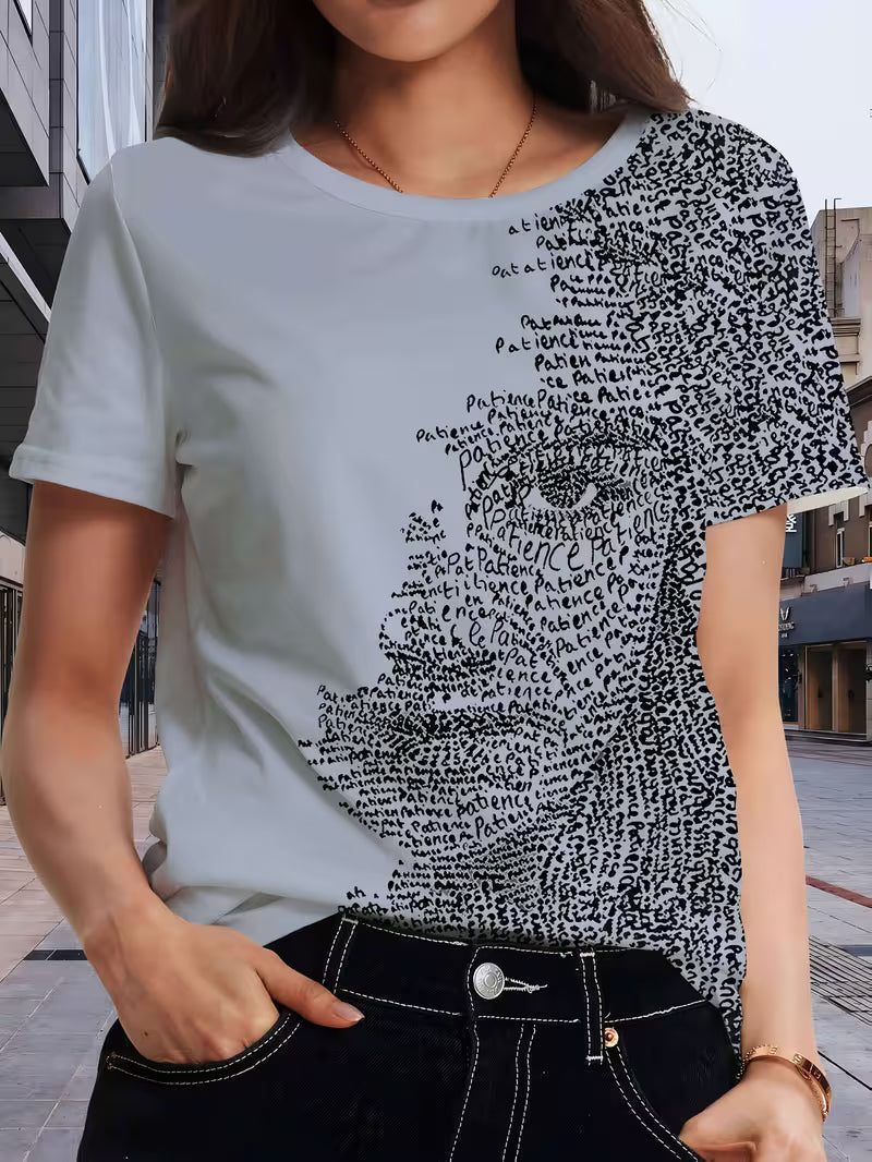 Women's Patience Letter Art Portrait T-Shirt - Abstract '' & 'T' Grey