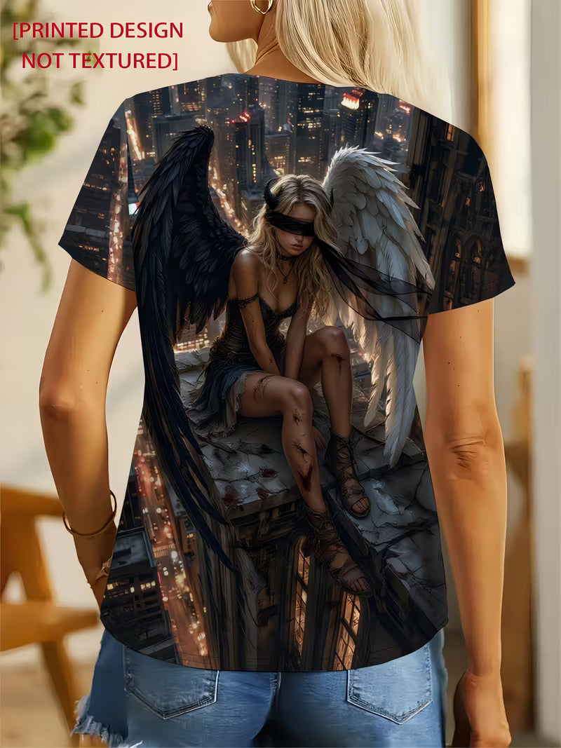 Printed Design - Plain Texture City Nightscape Dark Print T-Shirt